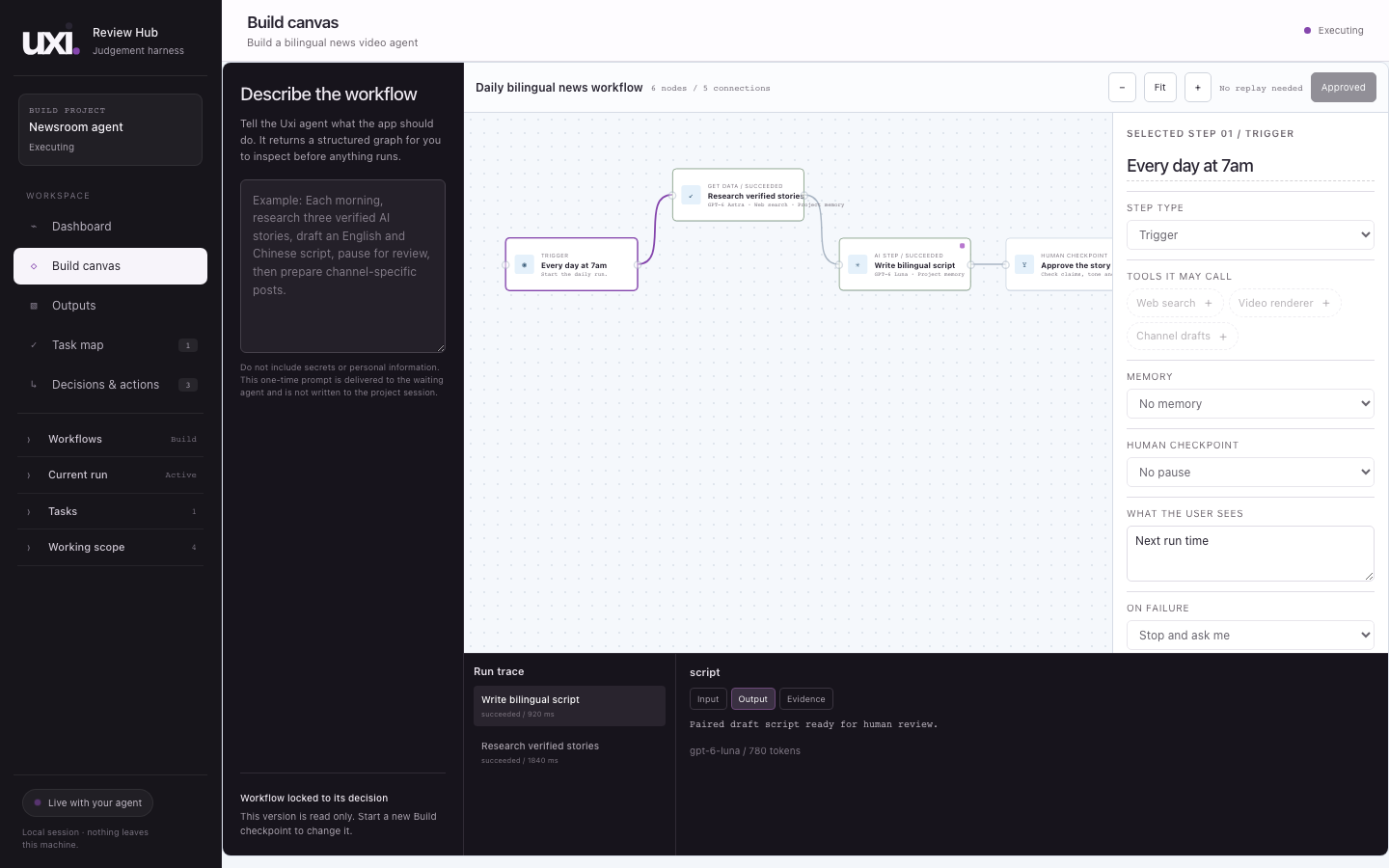 Uxi workflow interface showing agent work and human review checkpoints